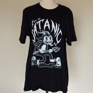 Black Satanic Graphic T-Shirt with Cartoon Design
